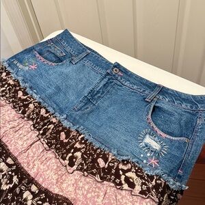 Boho Flowy Earthy ColorfulPattern Embroidered Denim Gypsy Artistic Skirt Size 24